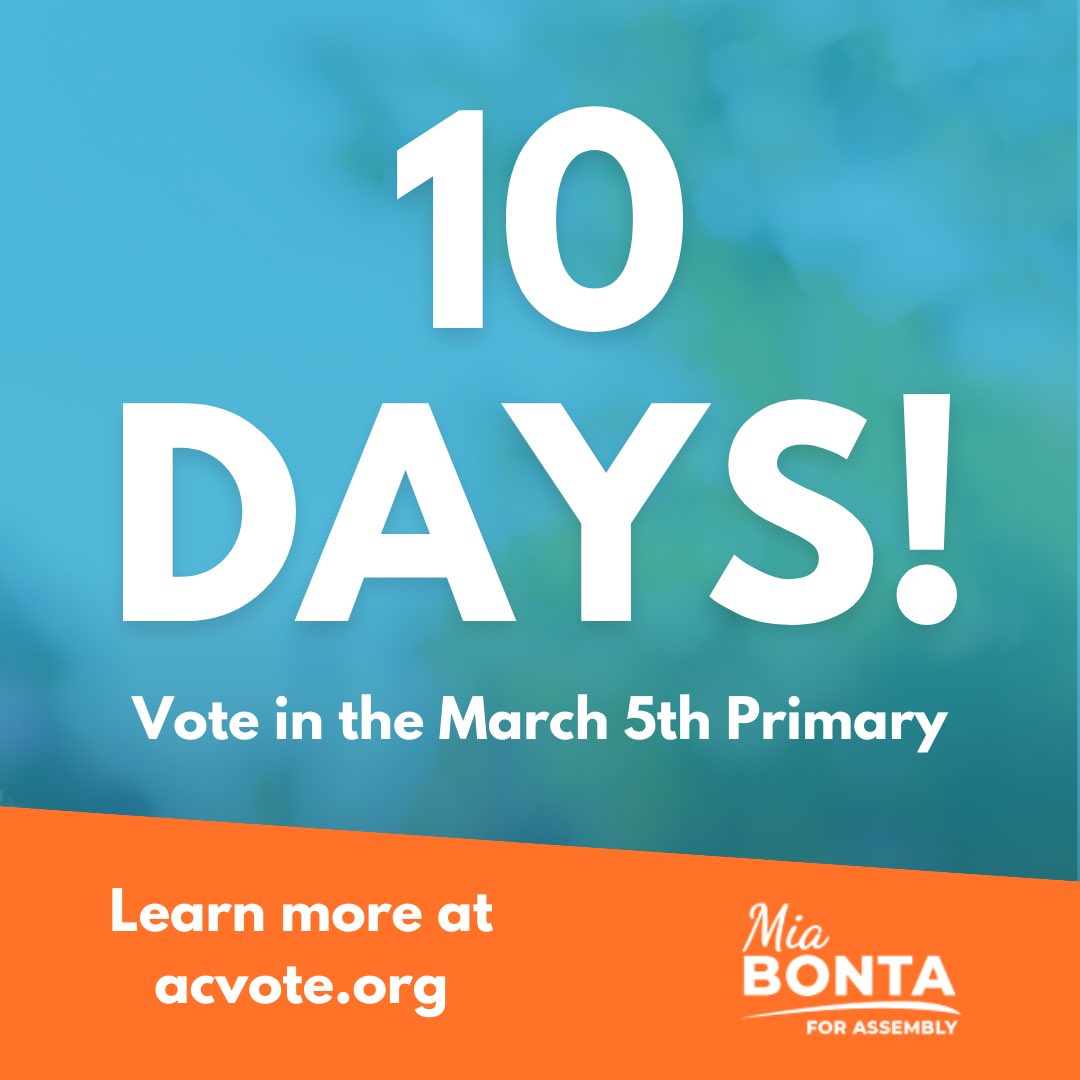 Just 10 days until the March 5th primary! Time is ticking, and your vote is crucial. Stay informed and engaged as we approach this pivotal moment. Visit acvote.org to find your polling place or return your ballot. Let's make our voices heard on Election Day!