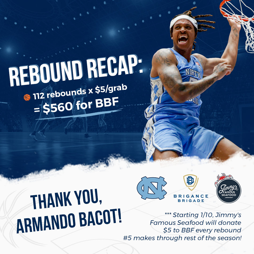 REBOUND UPDATE! @UNC_Basketball forward Armando Bacot has raised $560 for BBF as the current #10 all-conference leading rebounder! 🏀Immense thanks to both @iget_buckets35 & @JimmysSeafood for making a significant impact in the lives of our #ALSChampions 🩵 #GoHeels #BBF