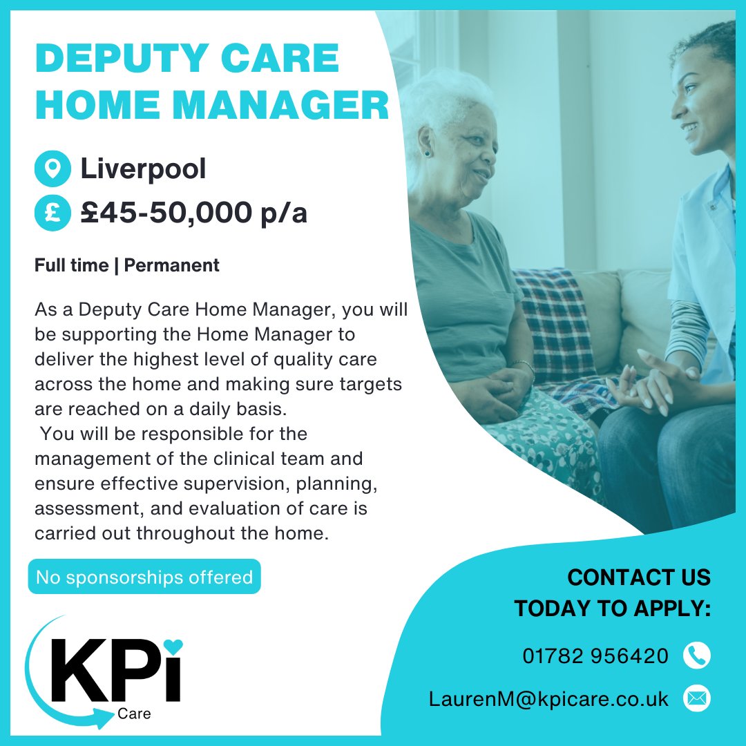 **DEPUTY CARE HOME MANAGER** Liverpool. £45-50k p/a

Call 01782 956420 or email LaurenM@kpicare.co.uk to apply.

Visit bit.ly/DCHMLp to find this job & MORE!

#CareJobs #CarerJobs #CareHomeManager #CareHomeJobs #LiverpoolJobs #MerseysideJobs #Jobs #KPIRecruiting