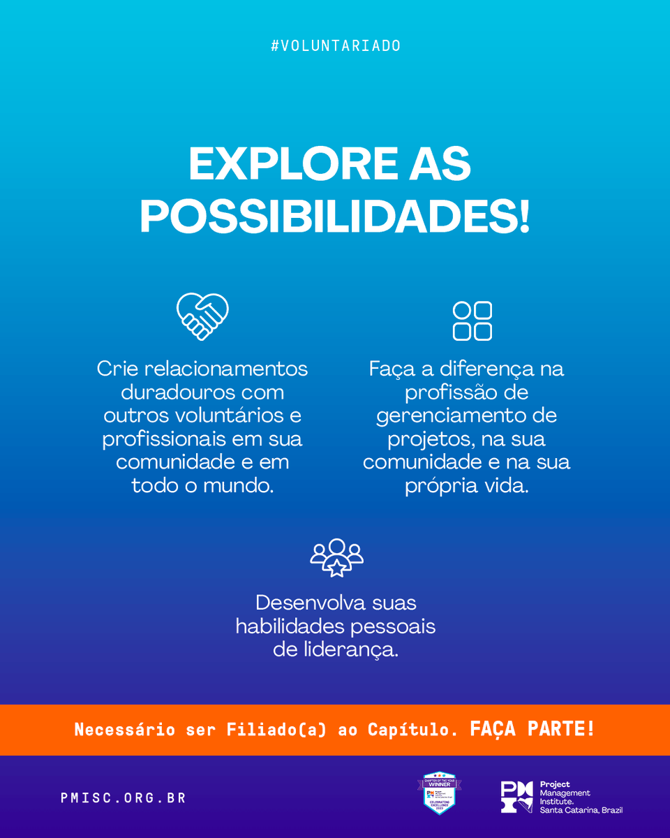 PMISC's tweet photo. Faça a diferença na sua comunidade e veja sua carreira ser transformada pela experiência do voluntariado!  Preencha o formulário e candidate-se para as novas vagas do PMI-SC!

Candidate-se em: https://t.co/WPIxpXDVUW

#PMISC #gestaodeprojetos #projetos #voluntariado #filiacao https://t.co/xFlS9Gsmzq