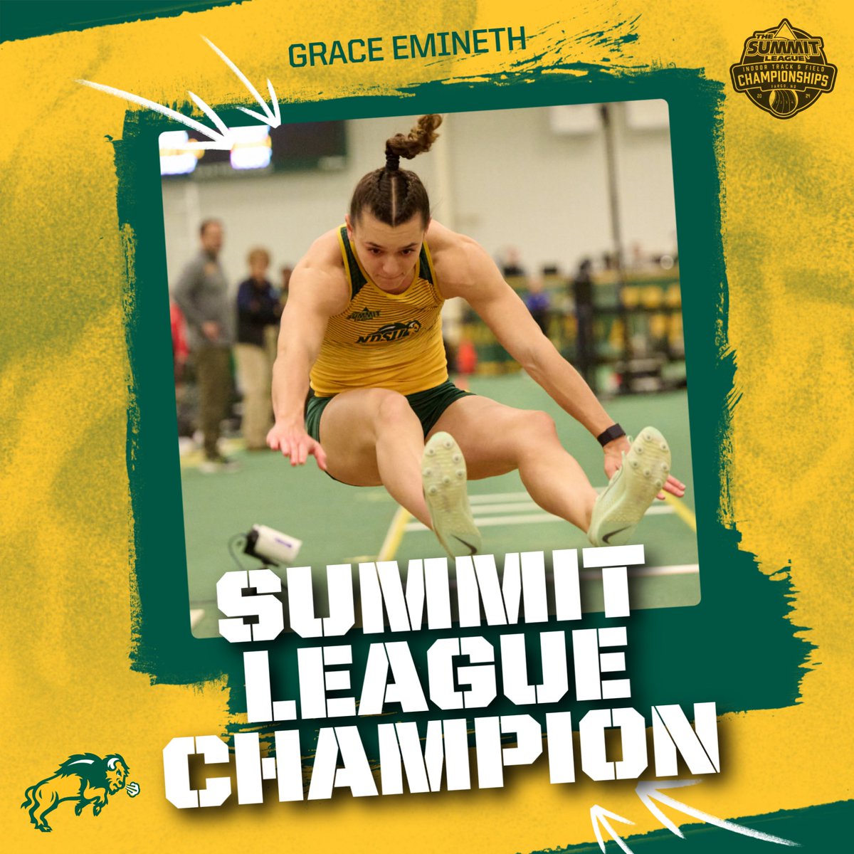 NDSUTrackField's tweet photo. 🏅 CHAMPION 🏅

On her final attempt, Grace Emineth hits a huge PR of 41-07.75 (12.69m) to win the Summit League triple jump title! 

No. 3 in NDSU history! https://t.co/RT67KSSgOE