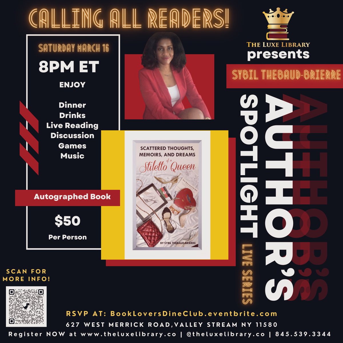 StilletoQueen's tweet photo. Save the date 3/16/24 8pm
A night filled of revelations, reminiscing, relationships ,&amp; realness.The $50 price includes food &amp; drinks as well as a signed copy of my book. #longisland #allreaders #blackauthor #haitianauthor #livereading #blackstoryteller #mylife #theluxlibrary https://t.co/bIWvL7enj1