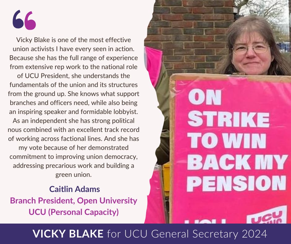 It means a lot to have Caitlin's trust and confidence in #Vicky4GS. We first worked together on the #UCU 2018/9 Democracy Commission which @missbolshie & I co-chaired. We urgently need change - I am ready to put in that hard work, democratically with & for our members. 1/2
