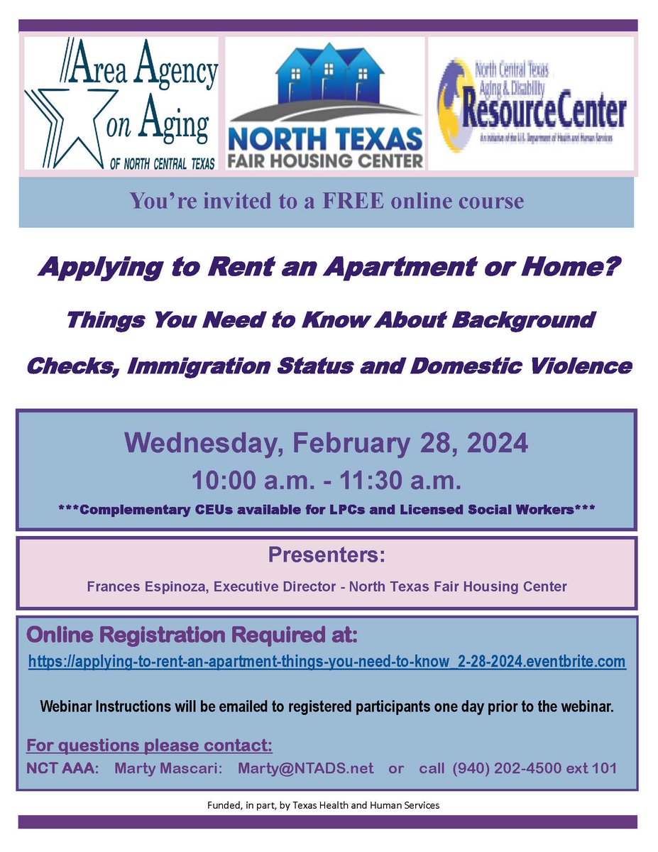 Are you Applying to Rent an Apartment or Home?
JOIN US &amp; LEARN Things You Need to Know: Background Checks, Immigration Status, Domestic Violence and More
DATE &amp; TIME: Wednesday, February 28, 2024 at 10am
FREE REGISTRATION: lnkd.in/gsiMDBxd
#NTFHC #TenantsRights #northtexas