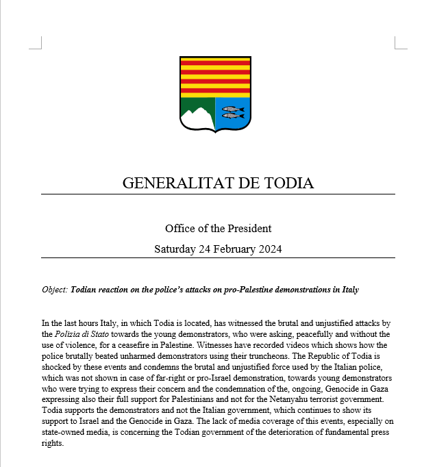 Todian reaction on police brutal attacks towards pro-Palestine demonstrators in Italy.

#Micronations
#Ceasefire_In_Gaza 
#CeasefireNOW