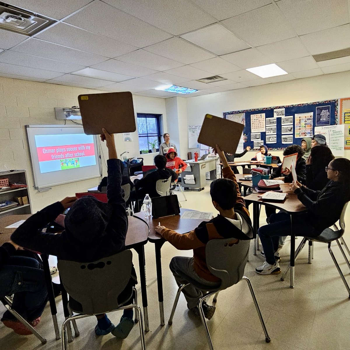 ROUNDLAKEMIDDLE's tweet photo. Mrs. Church, Ms. Gonzalez, and Mrs. Serafin's 7th grade ELA class having fun while reviewing figurative language before their assessment. #RLMSPride #RLMSWildcats116 https://t.co/su9wljL5Ns