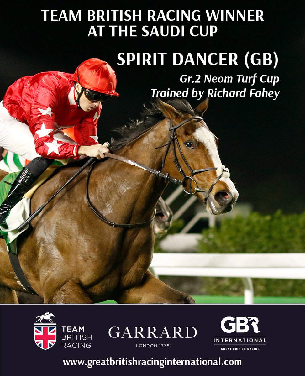 🇬🇧 Another big international win for @RichardFahey with SPIRIT DANCER (GB) 🇬🇧 He triumphs on Saudi Cup night three months after his Bahrain International Trophy win. 👏 #TeamBritishRacing | @GarrardLondon | @thesaudicup