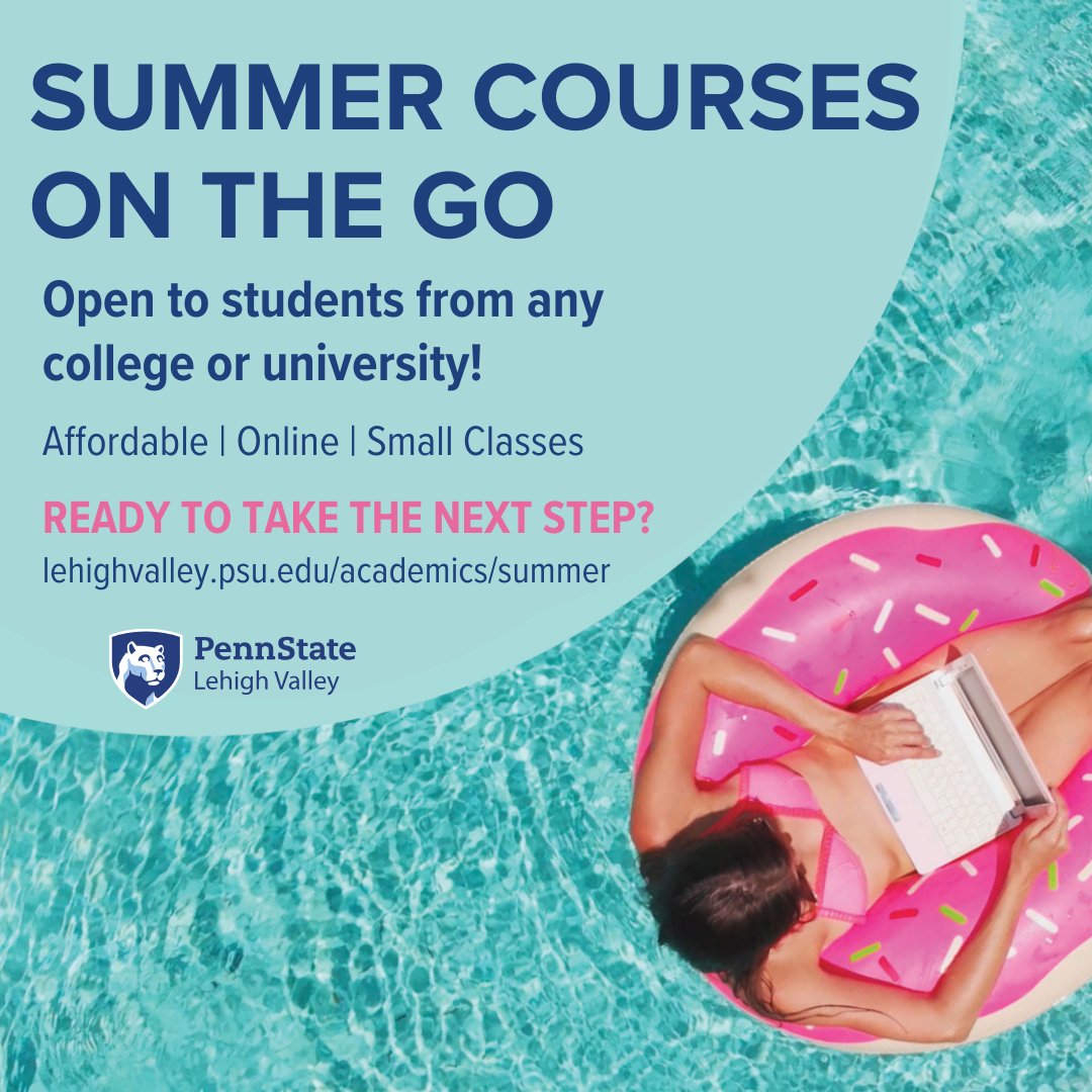 PSU Lehigh Valley (@psulehighvalley) on Twitter photo Penn State Lehigh Valley's summer courses are all online, so you can hit the beach and the classroom at the same time! 
Secure your spot today!
🔗ow.ly/5TKj50QzIAc
#psulvsummer #summercollegeclasses Penn State Lehigh Valley's summer courses are all online, so you can hit the beach and the classroom at the same time! 
Secure your spot today!
🔗ow.ly/5TKj50QzIAc
#psulvsummer #summercollegeclasses