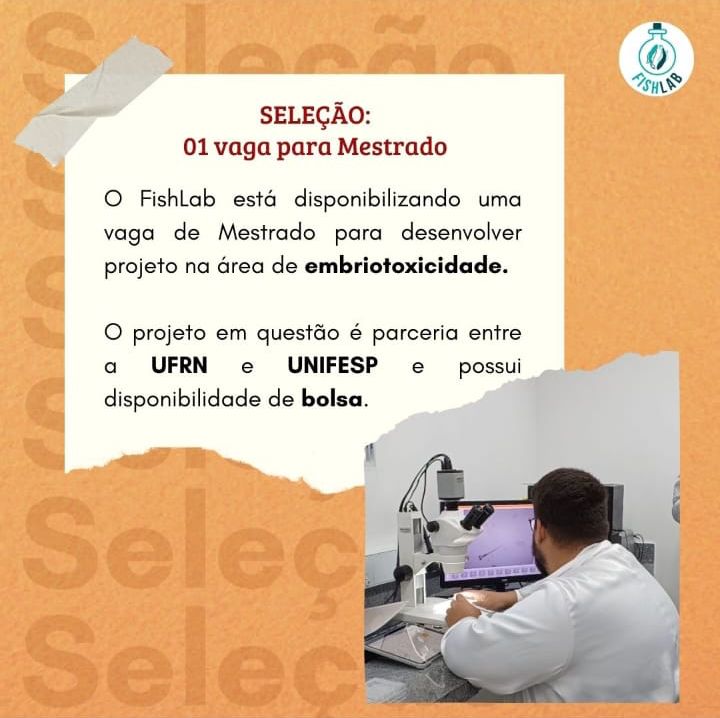 Vaga de mestrado para trabalhar com embriotoxicidade em zebrafish em Natal/RN, no Fishlab! | 
Master's position to work with embryotoxicity in zebrafish here at Fishlab, in Natal/RN. 
instagram.com/p/C3nwxnrOlzQ/…

#zebrafish #zebrafishjobs