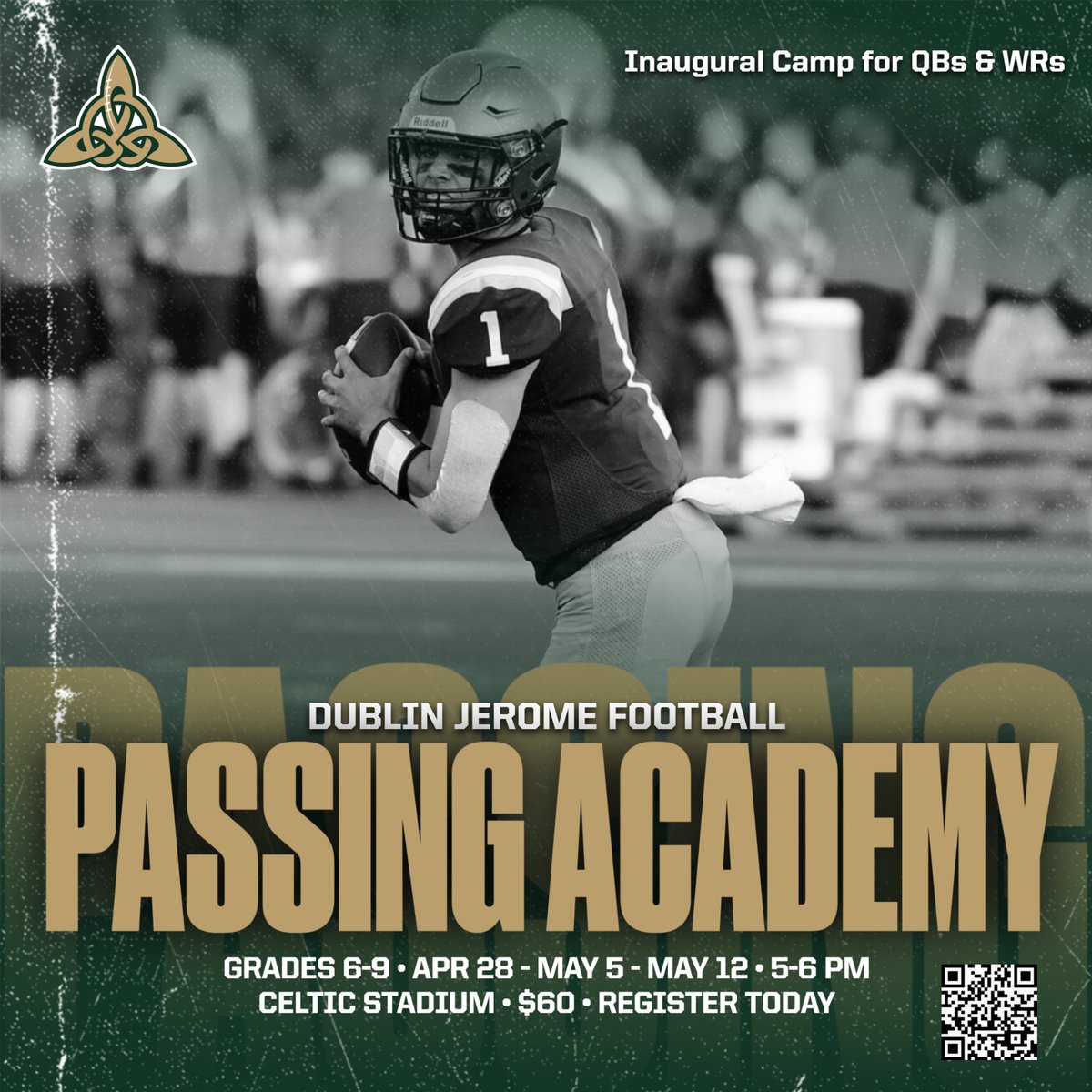 Attention all QBs &amp; WRs looking to improve. Join us for the Dublin Jerome Passing Academy this spring and learn specialized passing game instruction. This camp is for students entering 6th - 9th grades next fall. Register at givebutter.com/DublinJeromePa…