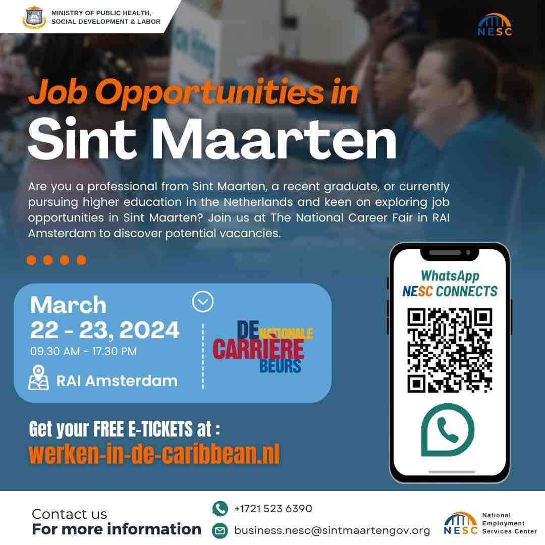 SXMGOV's tweet image. 📣ATTENTION all Sint Maarten professionals, recent graduate and students pursuing tertiary education in the Netherlands.
FREE E-TICKET AT werken-in-de-caribbean.nl
#raiamsterdam #careerbeurs #CareerFair #sxm #jobseekers