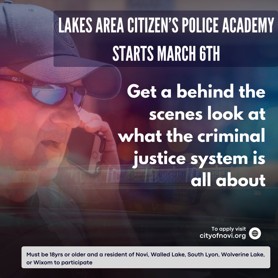 Still a handful of spots left in the next session of the Lakes Area Citizen's Police Academy! This is a great chance to take a behind the scenes look at what the criminal justice system is all about. Reserve your spot: cityofnovi.org/vips/citizens-…