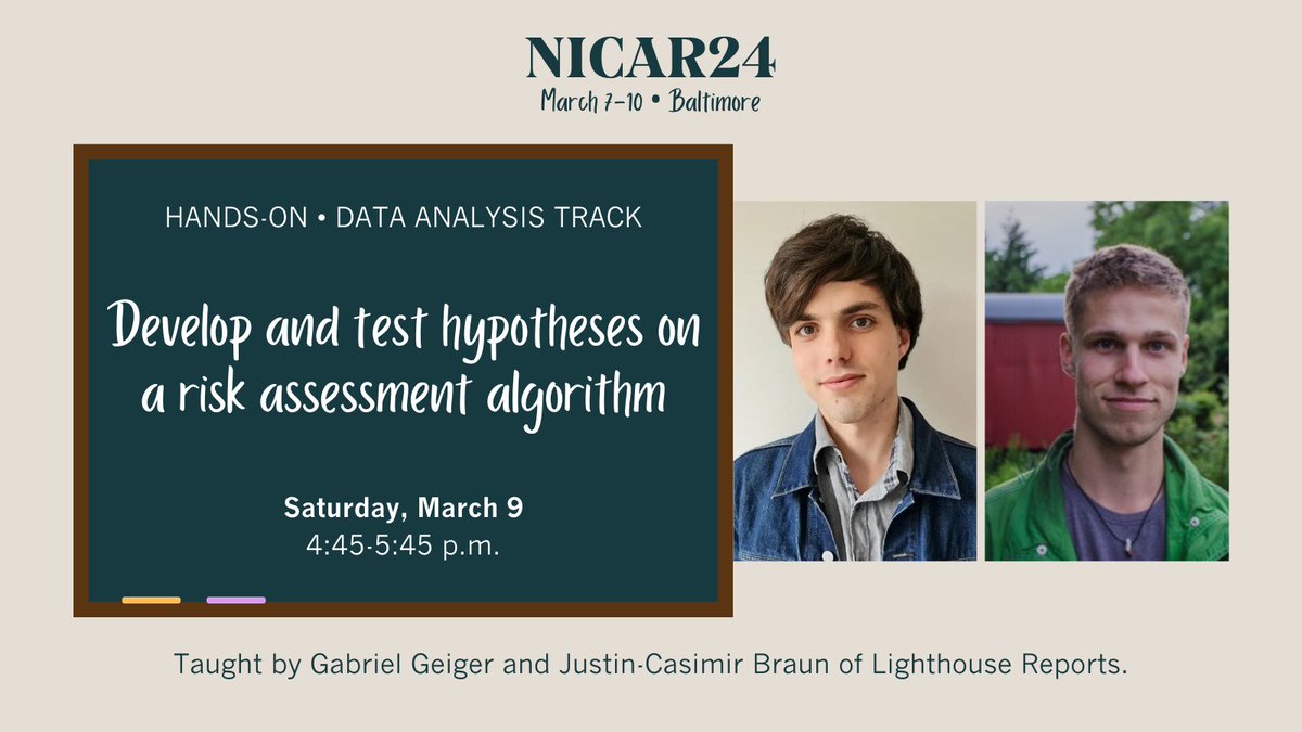 We’re excited to have @LHreports’ @gabriels_geiger and Justin-Casimir Braun teach this workshop at #NICAR24: schedules.ire.org/nicar-2024/ind… Their investigation with @WIRED, @VersBeton and @openrotterdam, “Inside the Suspicion Machine,” earned a 2023 Philip Meyer Journalism Award!