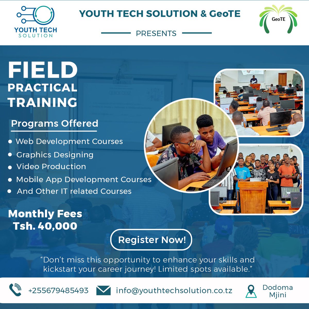 Learn from industry experts, build a strong network, and bridge the gap between theory and real-world skills. 

Limited slots available, open to all Tanzanian universities. Act now to secure your spot!

Send requests to youthtech2527@gmail.com for further details.

#Practically