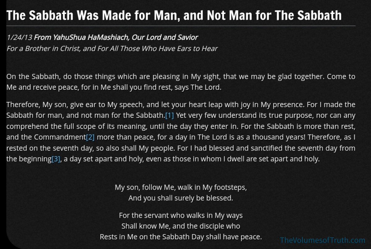 📖 Source: thevolumesoftruth.com/The_Sabbath_Wa…

▶️ Video: youtube.com/watch?v=4NRp2X…

#thesabbath #shabbat #millennialkingdom #seventhday #kingdomofgod #tencommandments #fourthcommandment #sabbath #kingdom #rest #peace #joy #blessed #sanctified #setapart #holy #sabbathday #TheVolumesofTruth