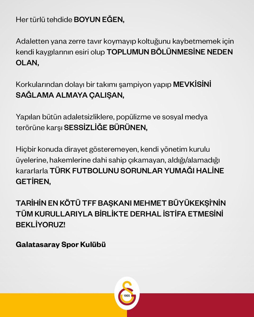 Tarihin en kötü TFF Başkanı Mehmet Büyükekşi’nin tüm kurullarıyla birlikte derhal istifa etmesini bekliyoruz...