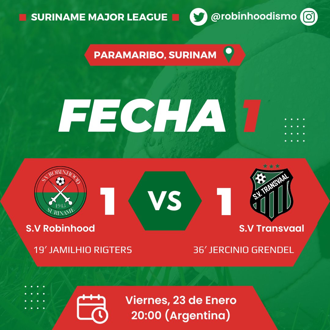 SV Robinhood 🆚 Transvaal

El RESULTADO del CLASICO surinamés, en la PRIMERA fecha de la NUEVA Suriname Major League.

Jamilhio Rigters ABRIÓ el marcador para el S.V Robinhood, pero luego Jercinio Grendel marcó el GOL del EMPATE para el S.V Transvaal.

<a href="/svrobinhoodsr/">SV Robinhood</a>