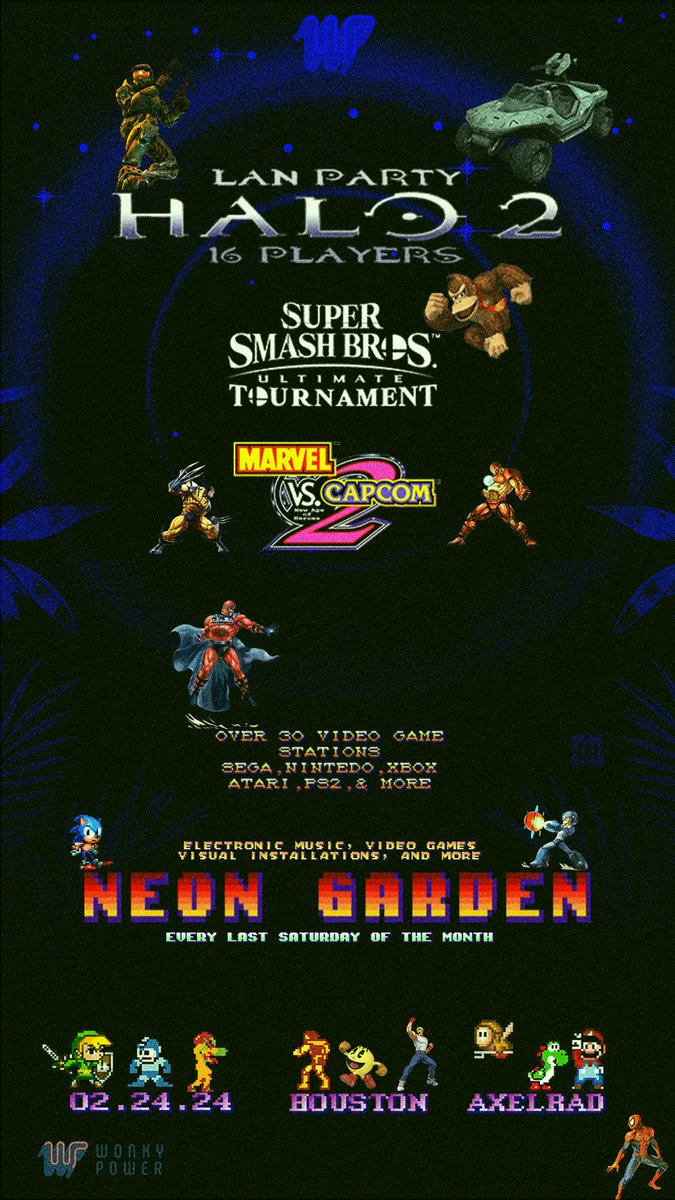 Halo 2 LAN 16 player party today on the main stage plus Super Smash Bros Tournament, Marvel Vs Capcom 2, and much more! Be at Neon Garden tonight for an unforgettable video game and music night. 8pm | Free entry. Presented by @wonkypower 🎮🕹