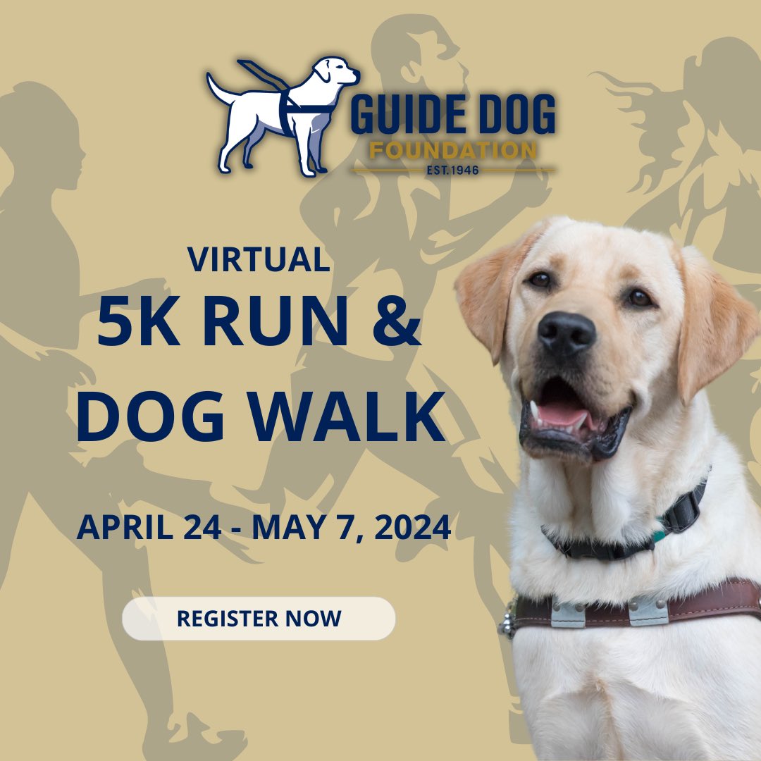 THE COUNTDOWN BEGINS.... Join the Guide Dog Foundation from ANYWHERE during our Virtual 5K Run & Dog Walk! This event will be held between April 24th to May 7th, 2024. Learn more about this event by click here: guidedog.org/gd/events-and-…