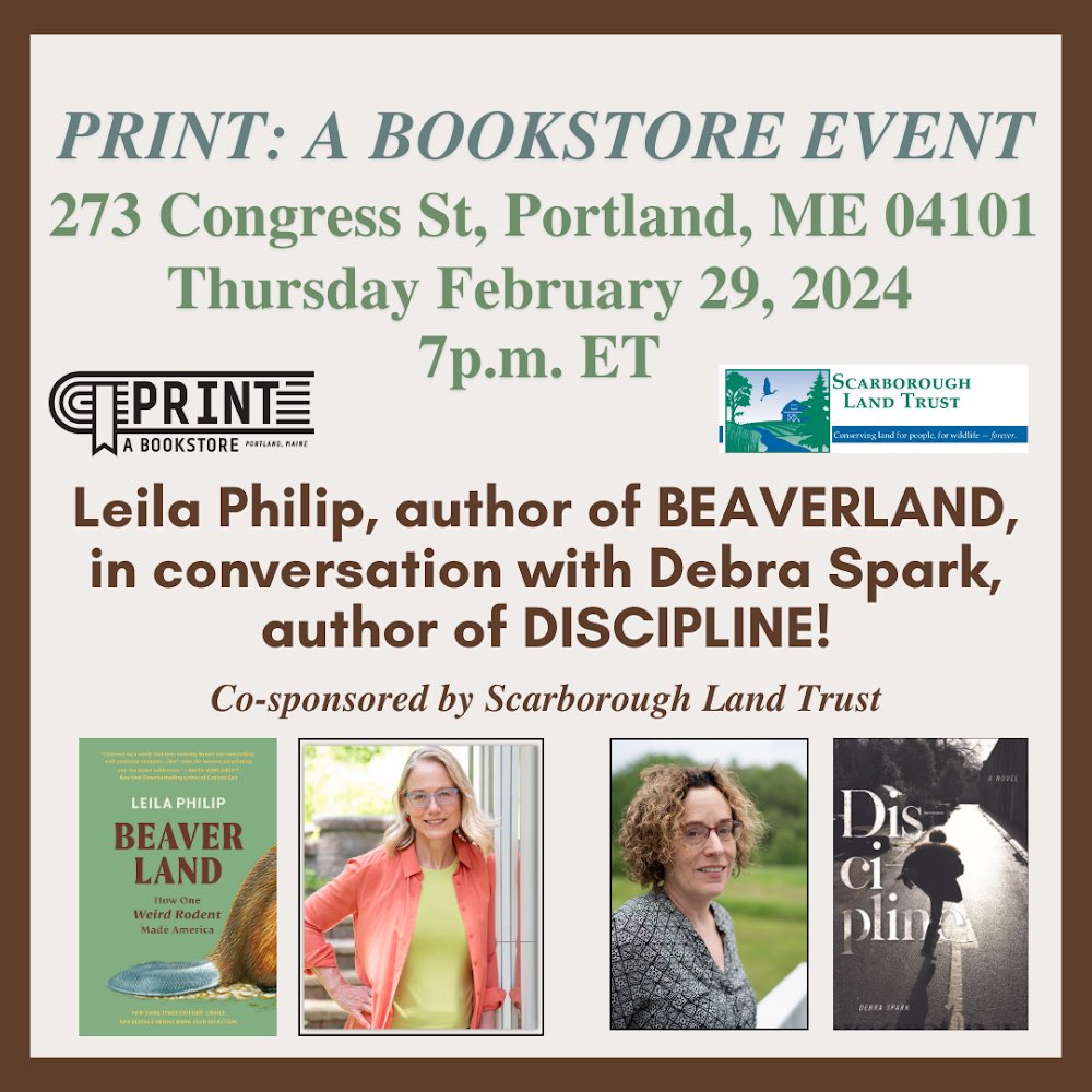 The Penobscot Nation in Maine was the first large landowner in history to address beaver flooding problems using coexistence strategies rather than lethal force. Looking forward to conversation about Beaverland this coming Thursday in Portland ME, with writer Debra Spark.