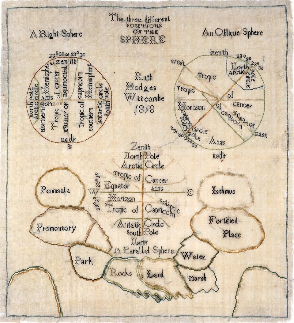 Witney_Antiques's tweet image. This extraordinary and very unusual sampler, showing "The three different positions of the sphere," was stitched in 1818. The maker was likely 17-year-old Ruth Hodges Wittcombe of Bath, Somerset. The sampler is a fascinating mix of science, geography, and needlework