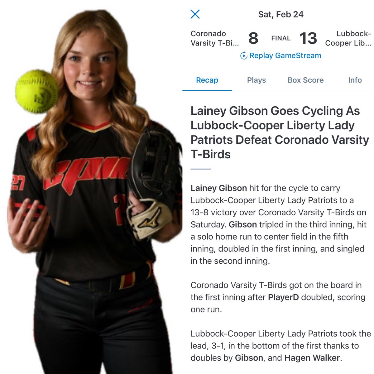 Epic National 18U (Burnett /Smith) (@2026epic) on Twitter photo ‘27 Lainey Gibson UTL Hits a 🥎Cycle‼️ <a href="/LibertySB_LCP/">Lady Patriot Softball</a> <a href="/Lainey2811u/">Lainey Gibson</a>
sportsrecruits.com/athlete/lainey… <a href="/Sports_Recruits/">SportsRecruits</a> @DRecruits1 <a href="/DirectRecruits/">Direct Recruits</a> <a href="/TopPreps/">College Coach / College Scout / College Recruiter</a> <a href="/BoostSoftball/">Recruiting Boost Softball</a> <a href="/SoftballDown/">Down South Softball</a> <a href="/SBRRetweets/">Softball Recruiting Reposts</a> <a href="/SBLiveTX/">Texas High School On SI</a> <a href="/SoftballRecruit/">Softball Recruit 🥎</a> <a href="/sballrecruiting/">softballrecruiting</a> <a href="/MaxPreps/">MaxPreps</a> <a href="/softballreport/">Prep Softball Report</a> <a href="/SUncommitted/">Softball Uncommitted</a> ‘27 Lainey Gibson UTL Hits a 🥎Cycle‼️ <a href="/LibertySB_LCP/">Lady Patriot Softball</a> <a href="/Lainey2811u/">Lainey Gibson</a>
sportsrecruits.com/athlete/lainey… <a href="/Sports_Recruits/">SportsRecruits</a> @DRecruits1 <a href="/DirectRecruits/">Direct Recruits</a> <a href="/TopPreps/">College Coach / College Scout / College Recruiter</a> <a href="/BoostSoftball/">Recruiting Boost Softball</a> <a href="/SoftballDown/">Down South Softball</a> <a href="/SBRRetweets/">Softball Recruiting Reposts</a> <a href="/SBLiveTX/">Texas High School On SI</a> <a href="/SoftballRecruit/">Softball Recruit 🥎</a> <a href="/sballrecruiting/">softballrecruiting</a> <a href="/MaxPreps/">MaxPreps</a> <a href="/softballreport/">Prep Softball Report</a> <a href="/SUncommitted/">Softball Uncommitted</a>