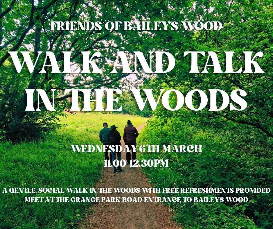 Our next Walk and Talk in the Woods is on Wednesday 6th March at 11am. Come & join us for a gentle, social walk in Bailey's Wood. Everyone's welcome!