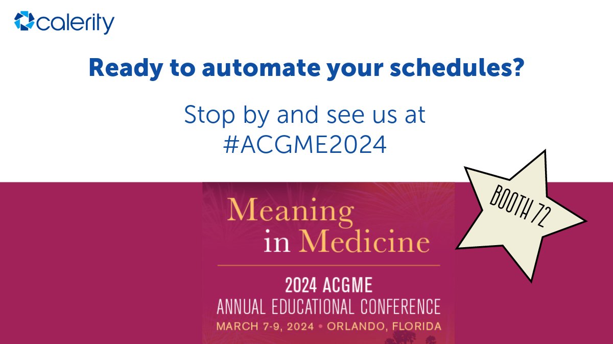 CaleritySched's tweet image. 🎉 We&apos;re excited for #ACGME2024!  🎉

Stop by and see us, and don&apos;t forget to bring all of your scheduling questions!

#AutomatedScheduling #MedEd #Residency #Fellowship #GME