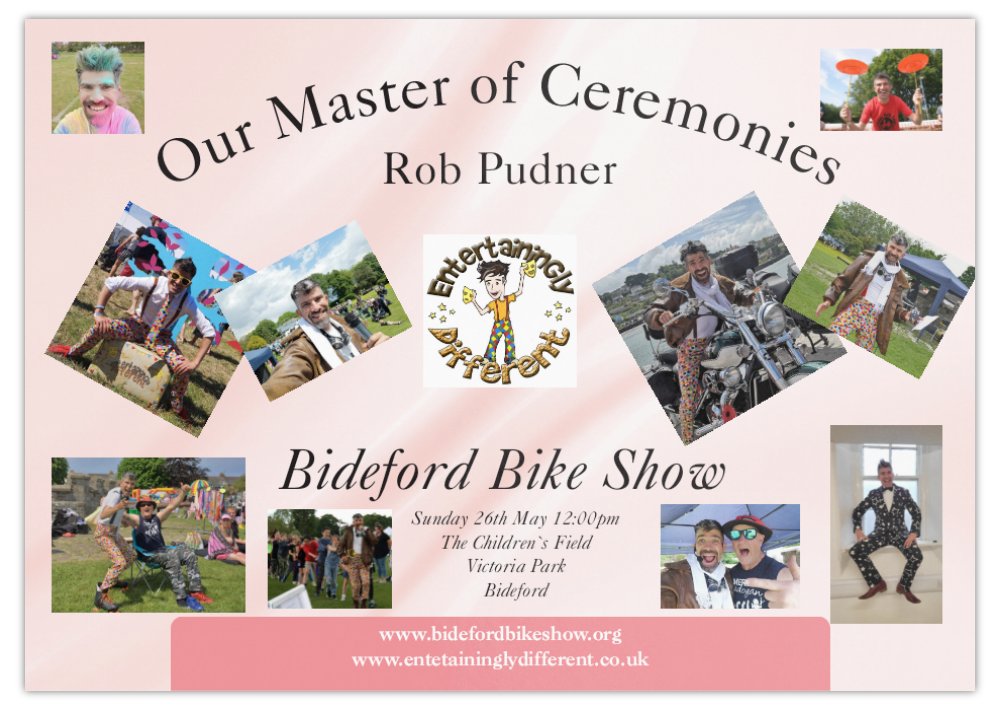 Bideford Bike Show ®/Bideford Bike Nights (@bidefordbiker) on Twitter photo Mr Rob Pudner will be joining us again in the BBS children's field in Victoria Park as our master of ceremonies, catch the Entertainingly Different's front man on Sunday 26th May when he will be out and about for the duration of the show.
<a href="/BBCDevon/">BBC Devon</a> <a href="/EntertaininglyD/">Rob Pudner</a> <a href="/torridgedc/">Torridge District Council</a> Mr Rob Pudner will be joining us again in the BBS children's field in Victoria Park as our master of ceremonies, catch the Entertainingly Different's front man on Sunday 26th May when he will be out and about for the duration of the show.
<a href="/BBCDevon/">BBC Devon</a> <a href="/EntertaininglyD/">Rob Pudner</a> <a href="/torridgedc/">Torridge District Council</a>