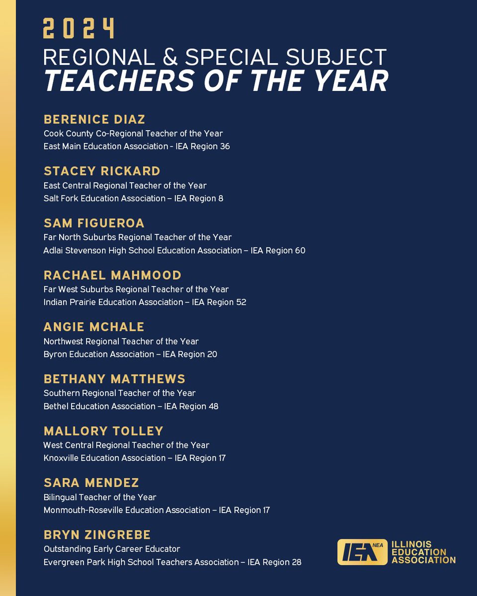 CONGRATULATIONS to our IEA members who are being honored as “Teacher of the Year” in their region or subject. They were selected by the Illinois State Board of Education for their outstanding contributions to education! ✨✨✨