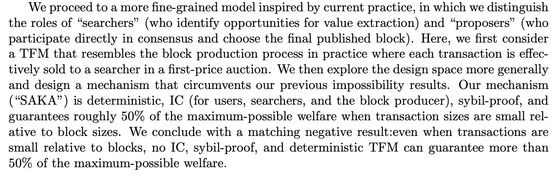 Major update to the paper with @bahrani_maryam @PGarimidi on transaction fee mechanism design in a post-MEV world (i.e., with active block producers), now with searchers (Sections 2.5+4) and tight welfare guarantees (Section 5). Full paper at timroughgarden.org/papers/eobp3.p…