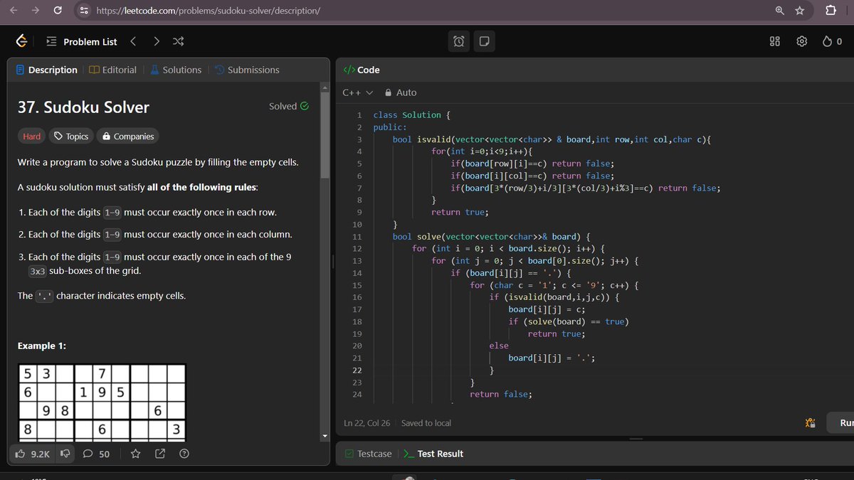 You___day____'s tweet image. Day 9 -->>
"Day 9: Delving into Sudoku solving algorithms today! 🧩 Exciting journey through backtracking methods to crack those number puzzles! Also, pondering over subarrays:
#leetcode #SudokuSolver #Algorithms #Subarrays #100daysofcoding #DSA"