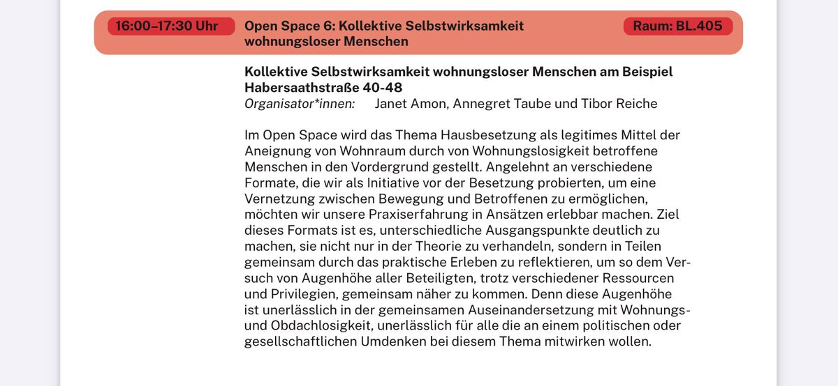 #WoloKon24 @TH_Nuernberg FRAGILE BEHAUSUNGEN Prekäres Wohnen und Wohnungslosigkeit in Zeiten multipler Krisen: Full House bei Open Space 6 Kollektive Selbstwirksamkeit wohnungsloser Menschen am Beispiel Habersaathstraße 40-48 >Hörsaal meets Platte< @frank_sowa @RaS_org @E3K19