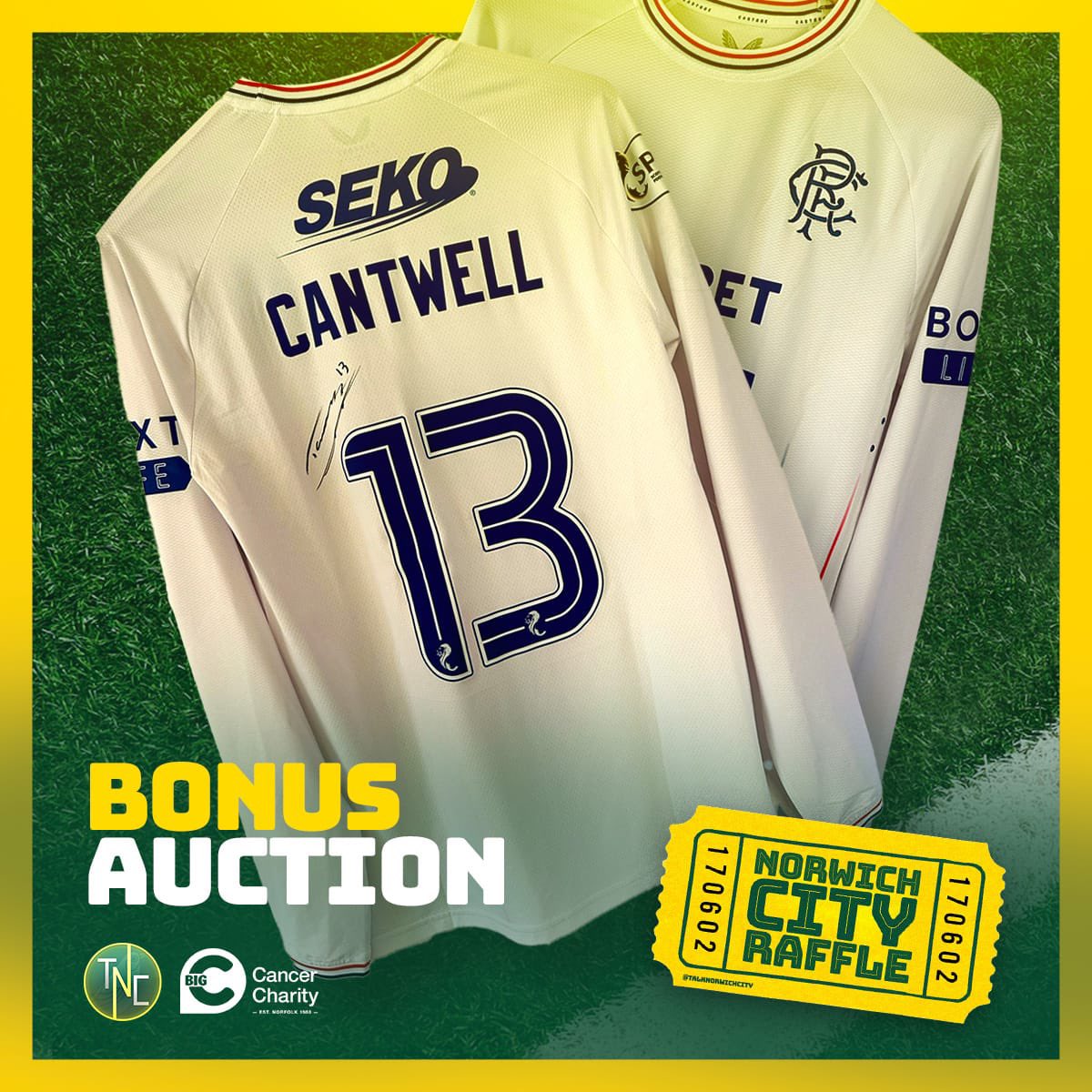 🚨🆕 𝐁𝐎𝐍𝐔𝐒 𝐀𝐔𝐂𝐓𝐈𝐎𝐍 𝐈𝐓𝐄𝐌 🔰 You could get a match-prepared, signed @ToddCantwell_10 #RangersFC shirt! Make your bid now & help us raise 💷 for @bigctweets! ⤵️ 🎗️ big-c.charityhive.co.uk/auction/7/todd… Big thank you to Todd for gifting this! 🙏🏼 #NCFC