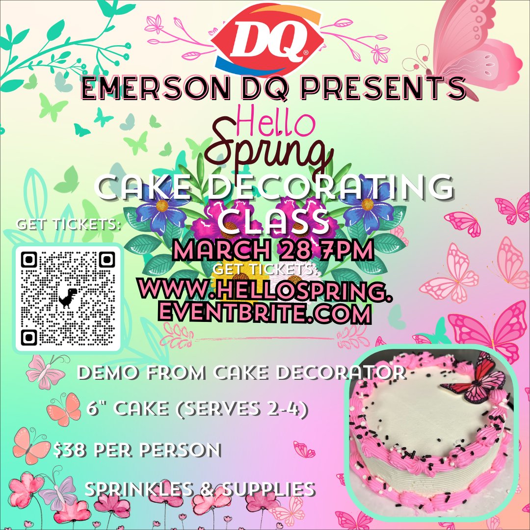 dq_emerson's tweet photo. Hop into spring with a delightful cake decorating class at your local DQ!
Learn the skills to create charming and delicious cakes perfect for celebrating the season. Whether you're a novice or a seasoned decorator, this class has something for everyone. https://t.co/hylkaluBWp