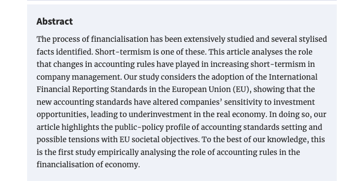 MacroPru's tweet image. &quot;first study empirically analysing the role of accounting rules in the financialisation of economy.&quot; academic.oup.com/cje/advance-ar… #financialization
