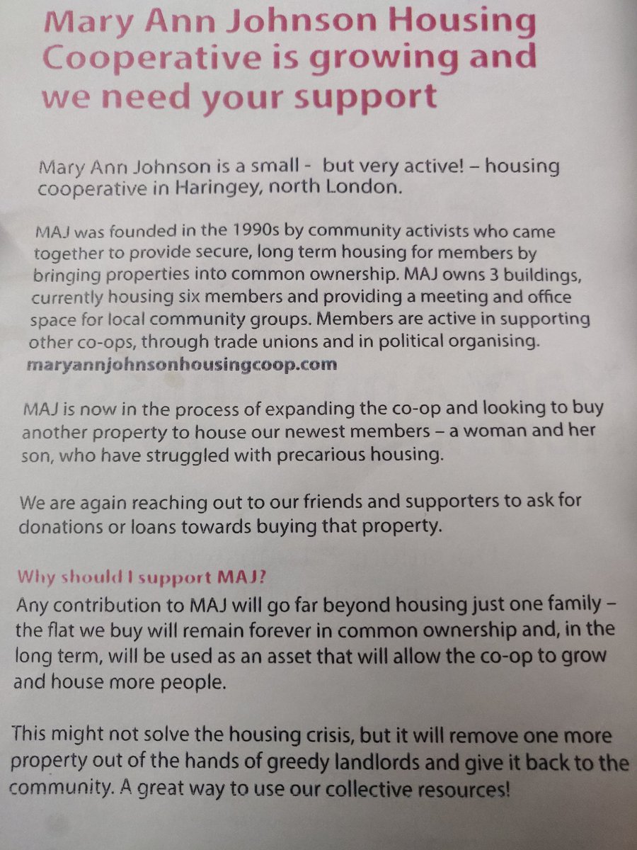 Mary Ann Johnson (MAJ), a small but very active Housing #Cooperative in #Haringey, is raising funds to acquire a property to house their newest members, a woman & her son who have struggled with precarious housing More from @MAJHousingCoop maryannjohnsonhousingcoop.com