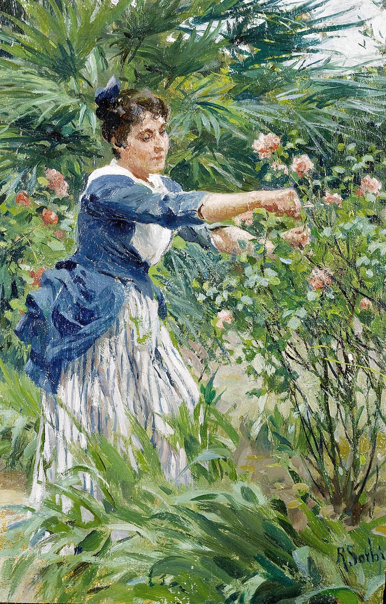 #QuadroDelGiorno
🎨#RaffaelloSorbi (#24febbraio 1844 – 19 dicembre 1931)-Potando le rose, 1931.
Olio su tavola: 12.4 × 8 cm.