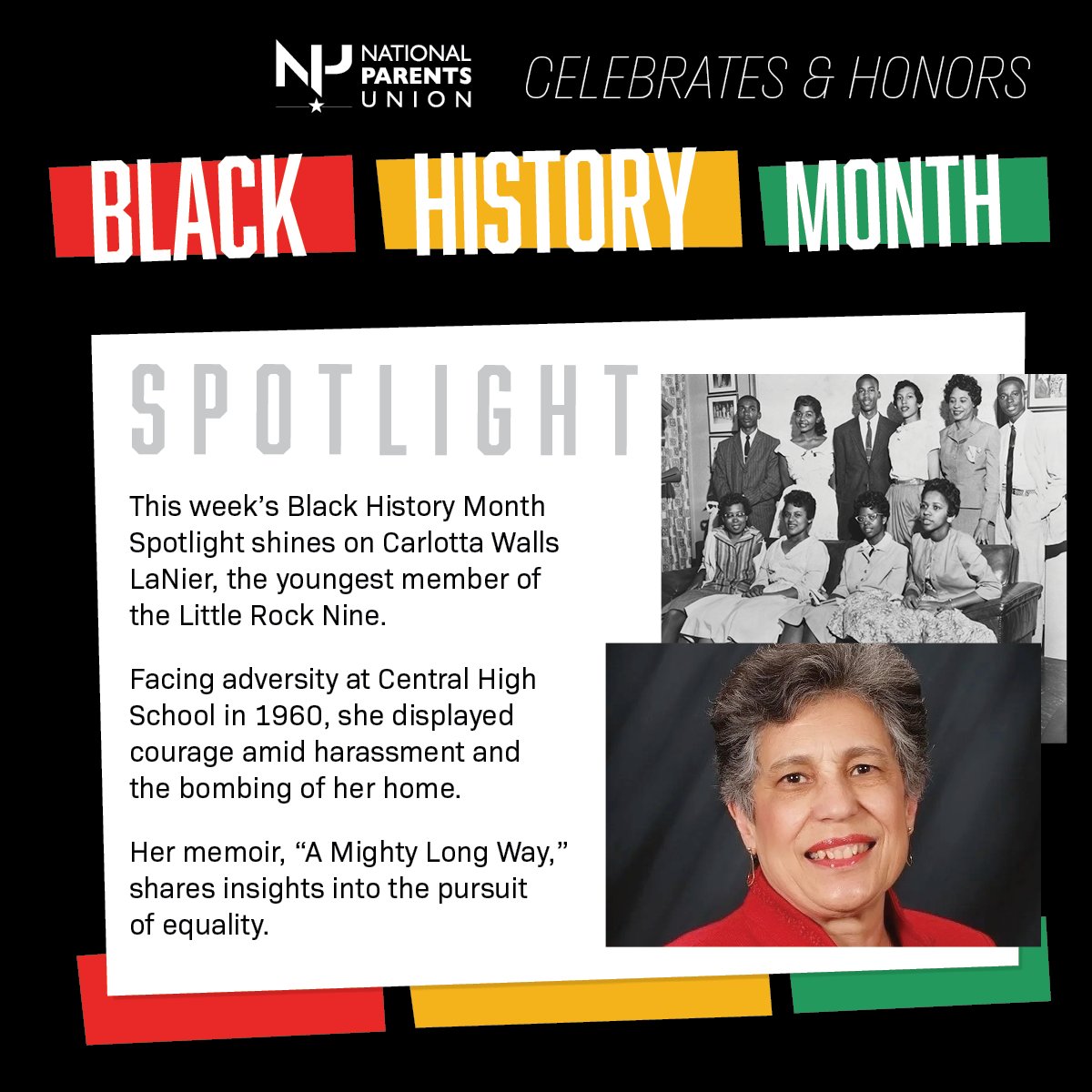 NationalParents's tweet image. Dear @Nationalparents history nerds 🤓 join us in celebrating Carlotta Walls LaNier’s resilience, advocacy, and unwavering commitment to justice. #BlackHistoryMonth #EducationEquality #SpotlightSeries #LittleRockNine