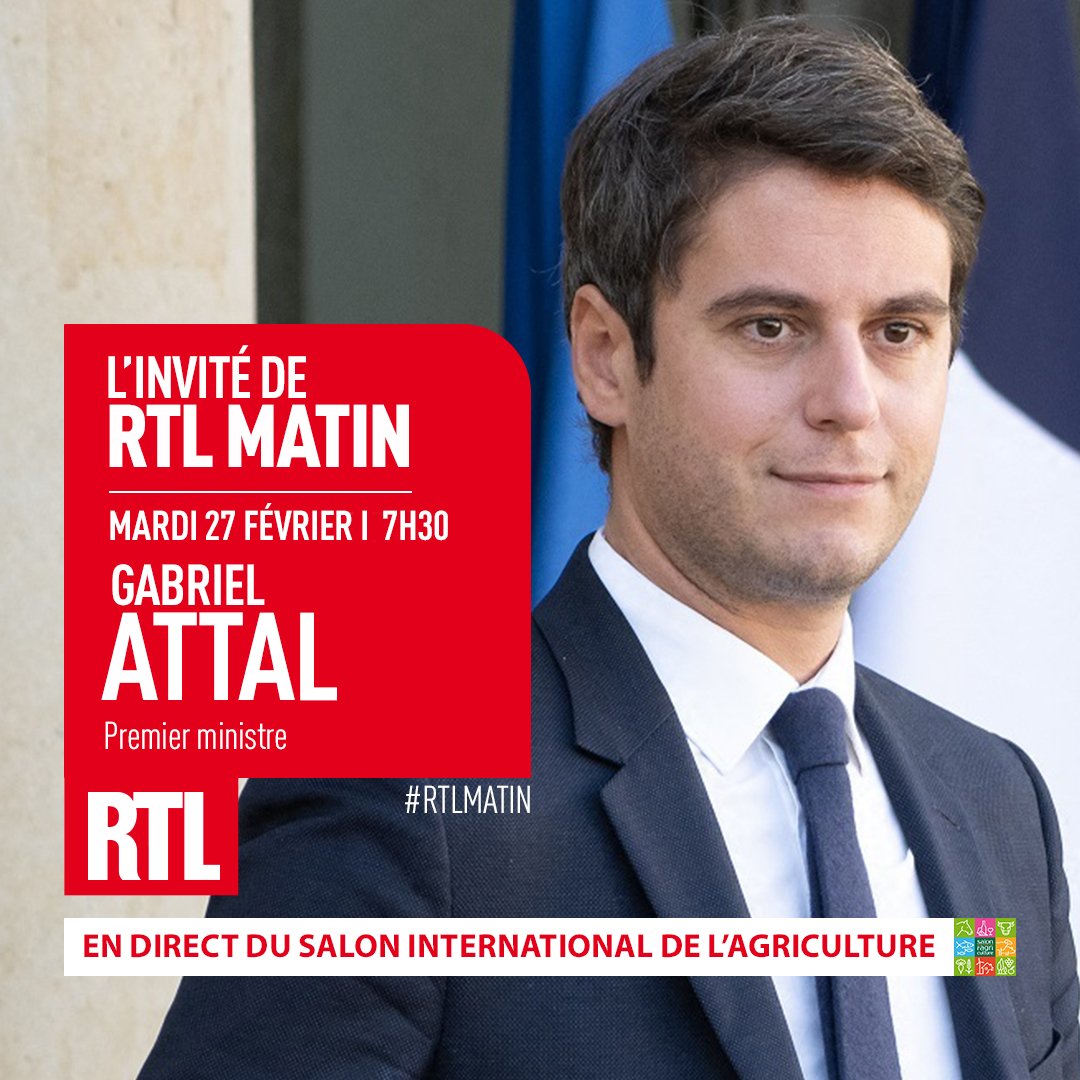 RTL France (@rtlfrance) on Twitter photo 🔴 <a href="/GabrielAttal/">Gabriel Attal</a> sera l’invité exceptionnel de #RTL mardi. Le 1er ministre répondra aux questions d’<a href="/amandine_begot/">Amandine Bégot</a> et François Lenglet, dès 7h30 dans #RTLMatin en direct du <a href="/Salondelagri/">Salon International de l'Agriculture</a> 🚜 🔴 <a href="/GabrielAttal/">Gabriel Attal</a> sera l’invité exceptionnel de #RTL mardi. Le 1er ministre répondra aux questions d’<a href="/amandine_begot/">Amandine Bégot</a> et François Lenglet, dès 7h30 dans #RTLMatin en direct du <a href="/Salondelagri/">Salon International de l'Agriculture</a> 🚜
