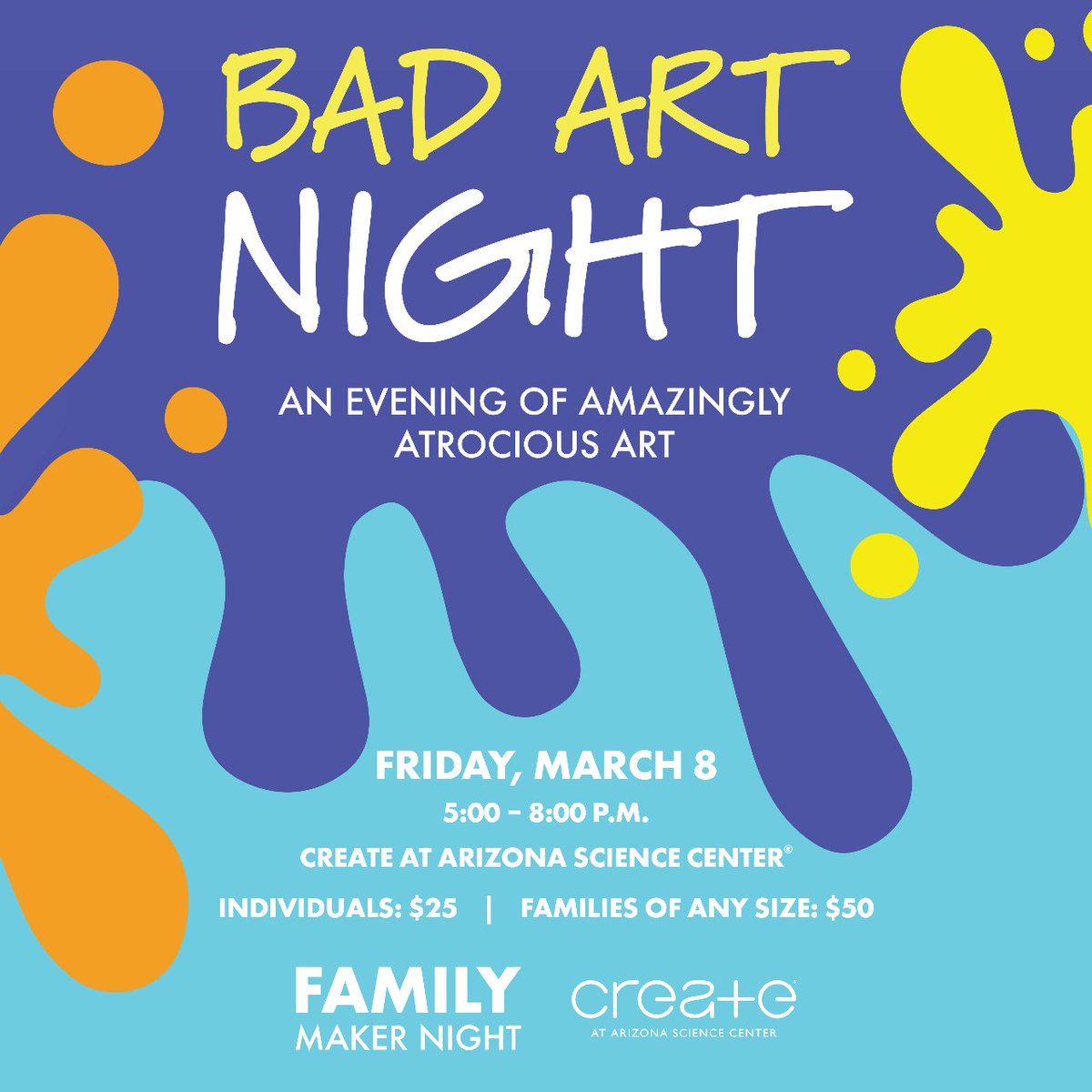 azsciencecenter's tweet photo. Bad Art Night returns on Friday, March 8 🎨 Makers of all ages and backgrounds are invited to connect at an evening of amazingly atrocious art! Complimentary colors and perfect proportions aren’t welcome—just bring your lack of talent and sense of humor ➡️ https://t.co/H0hGENnmZb https://t.co/iN77RKj9FN