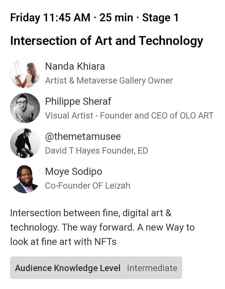 APRIL 5TH 11:45am est I @DavidTHayes will be speaking with @NandaKhiara @PhilippeSheraf @CyberAlhaji on the Art Track at #NFTNYC2024 about 'Intersection of Art and Technology'