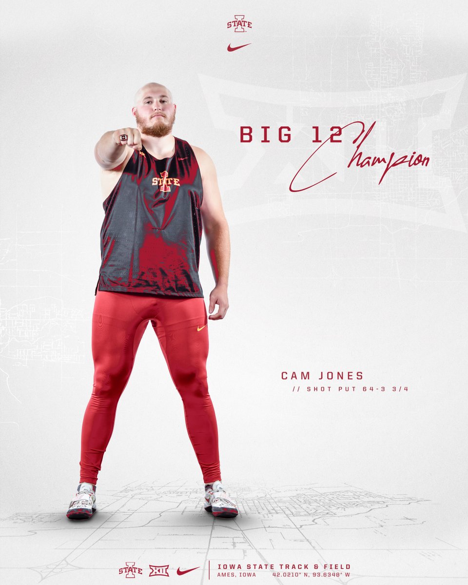 CROWN HIM.

Not only does Cam take the Big 12 shot put title, he downs the school record with 64-3 3/4 (19.60m)! The mark currently ranks 10th in the nation and makes Cam a two-time Big 12 champ.

#CycloneSZN