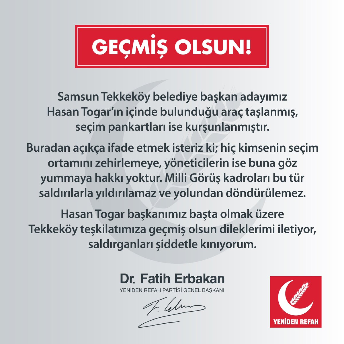 hasantogar's tweet photo. Biz gelmedik kavga için, bizim işimiz sevgi için, gönüller yapmaya geldik.

Genel Başkanımız Sayın Fatih Erbakan @ErbakanFatih ve Yeniden Refah Partisi @rprefahpartisi ailemize iletmiş oldukları geçmiş olsun dileklerinden dolayı teşekkür ederim.

Yapılan saldırıyı bir kez daha kınıyor, huzurun ve mutluluğun hüküm sürdüğü bir seçim süreci olmasını diliyorum.

@refahtekkekoy