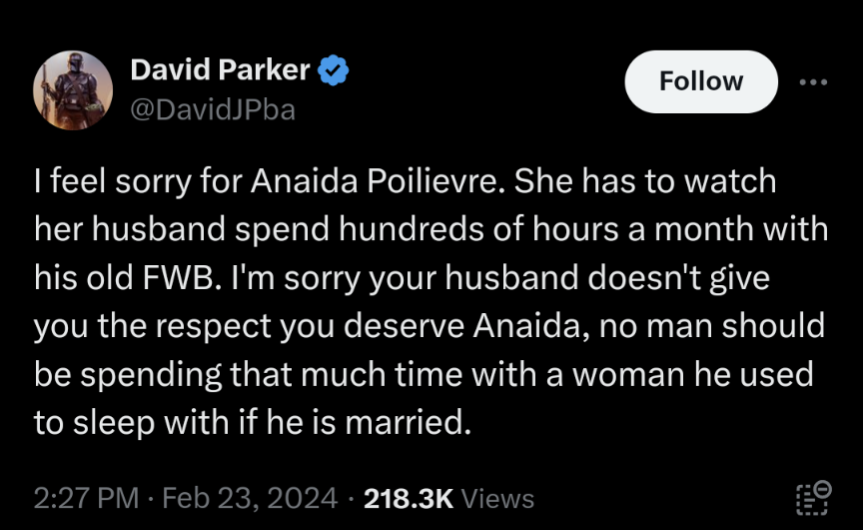 TrueEager's tweet photo. TFW the people who champion those who mused aloud about sexually assaulting Poilievre's wife pivot to use faux concern for her to turn on him [AND Jenni] (because, eventually, they turn on everyone).

Reads like #CPCDigitalID for porn REALLY pissed off the Incel-in-Chief eh? https://t.co/6E6p11BGUO