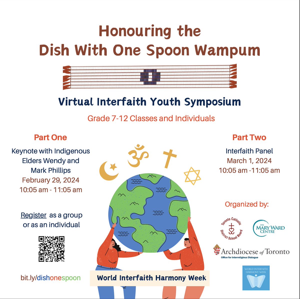 Interfaith Youth Symposium "Honouring the Dish with One Spoon Wampum" Feb 29 &amp; Mar 1. Keynote Address by Indigenous Elders Wendy &amp; Mark Phillips. <a href="/MaryWard_Centre/">MaryWardCentreTO</a> <a href="/archtoronto/">Archdiocese of Toronto</a>  info.marywardcentre@gmail.com Register at b i t . l y / d i s h o n e s p o o n