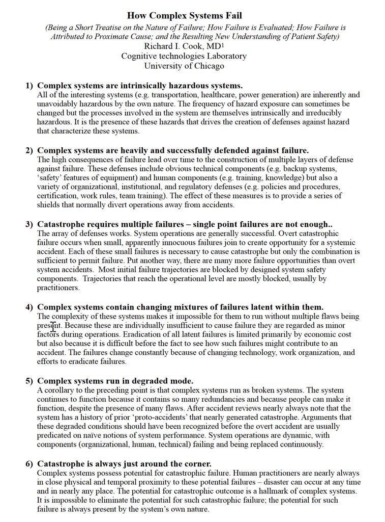 emollick's tweet image. This is a paper I post every six months as it is worth rereading; the 18 reasons complex systems fail.
Complex systems fail for complex reasons, and only adaption & learning by organizations, as well as individual "actions on the sharp end" keep us safe.  researchgate.net/publication/22…