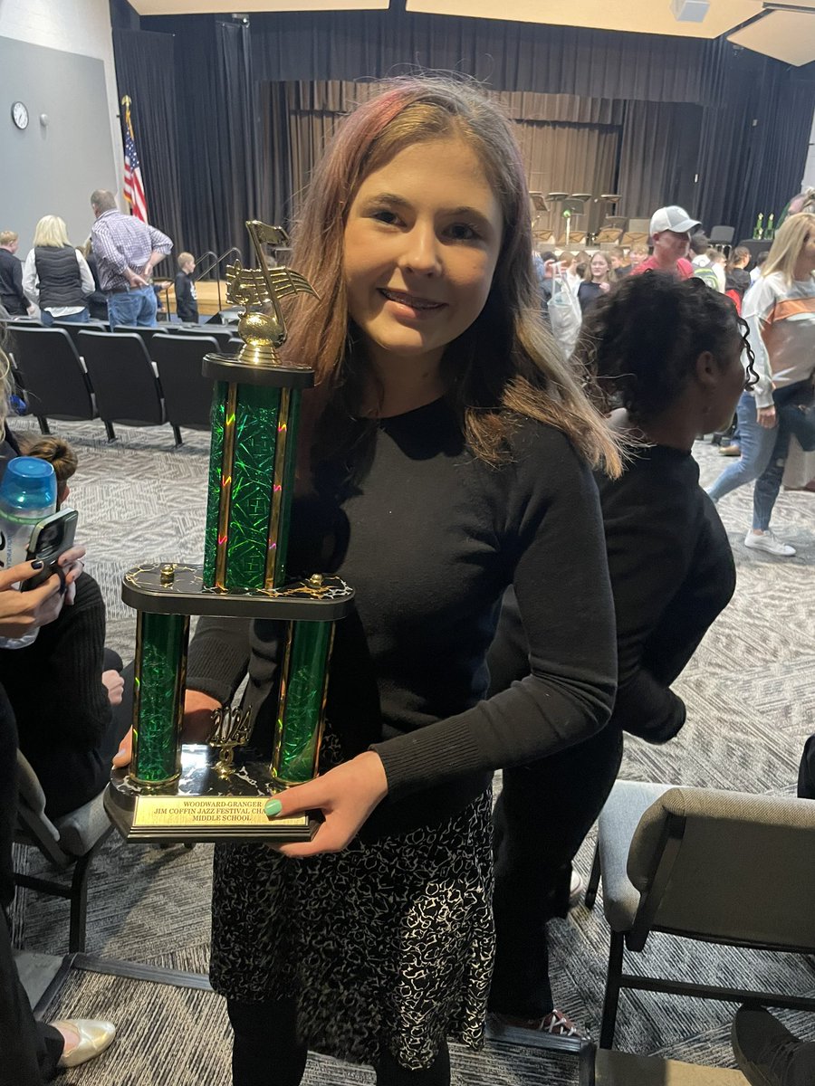 MrBAnkeny's tweet photo. Congrats to the @AnkenySouthview Jazz Cats on their first place finish at the Jim Coffin Jazz Festival.  Max Danielson in a tie for best soloist.  Trophy awarded by rock paper scissors 🤣 https://t.co/Its7UXkZ8W