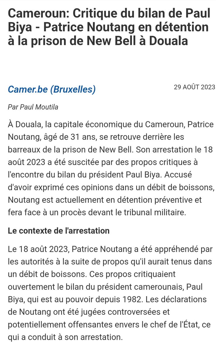 Le 18/08/2023, en coupant une Kadji dans un bar de Douala, Patrice Noutang a decidé de critiquer le bilan de Biya. Capturé sur place, il a fini à New Bell+Tribunal militaire. Ce régime n'est pas 'devenu' répressif, Il y a juste des gens qui ont choisi de regarder ailleurs.