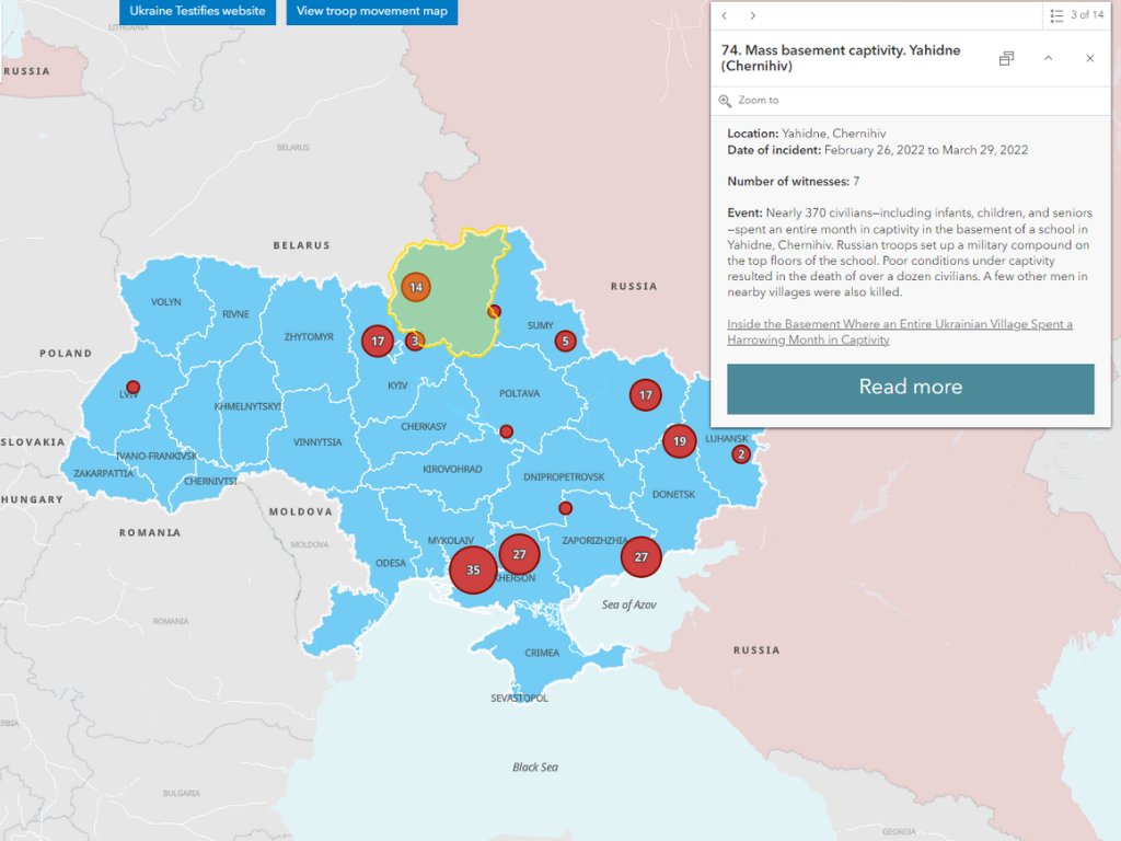 NEW @UMich WEBSITE by TRP@WCEE mapping war crimes in #Ukraine. Launched today, February 24, to commemorate 2 years since Russia's full-scale invasion. Key features are 2 interactive maps & archive of testimonies collected by @TRPUkraine. Explore our site @ myumi.ch/egkyx